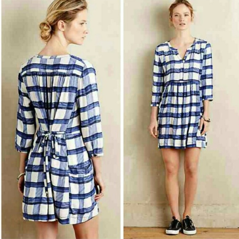 Anthropologie Maeve Devery Blue Plaid Shirt Dress